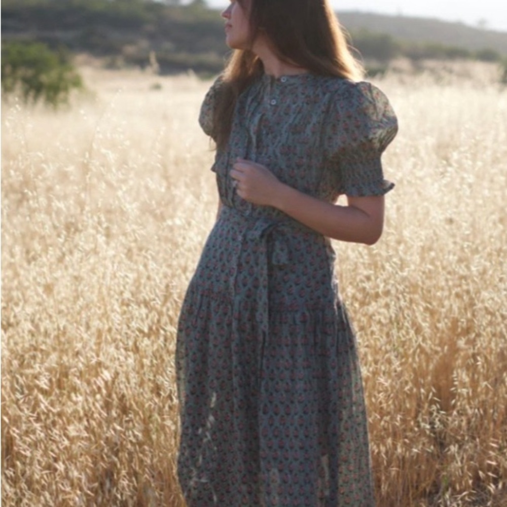 Daughters of India Blue/Green Floral Maxi Dress with Puff Sleeves